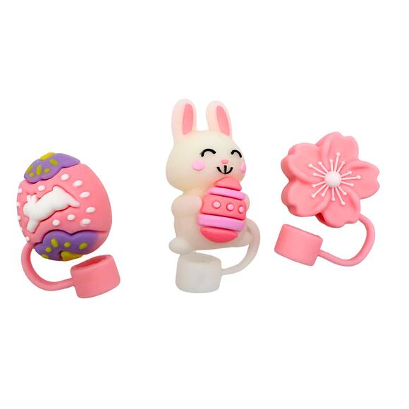Easter Bunny Egg Blossom Silicone Straw Topper Covers Set of 3 Stocking Stuffers - Picture 1 of 2